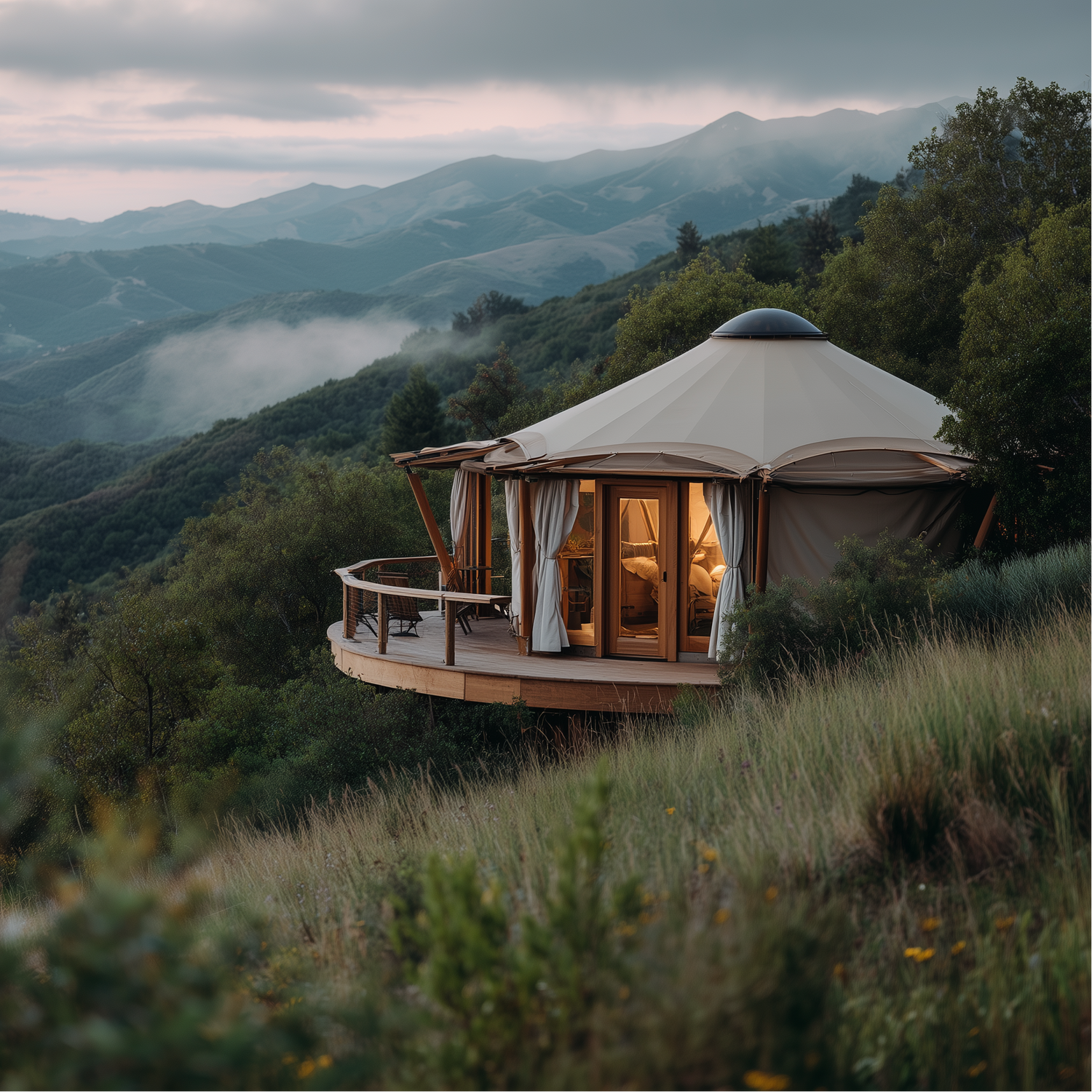 Yurt in a mountainous landscape with a scenic view