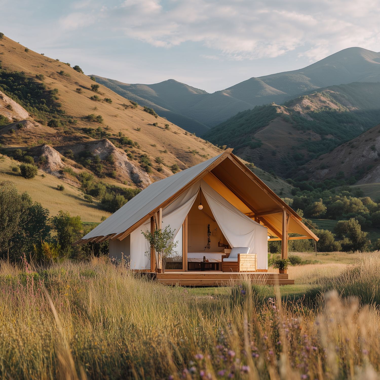 Tent-like structure in a mountainous landscape with grass and wildflowers.